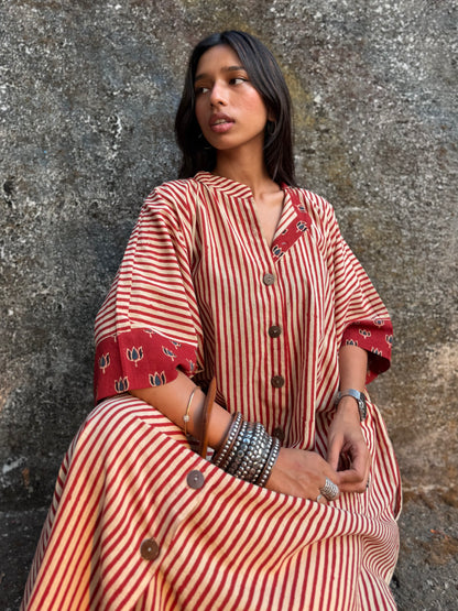 Cherry Striped Cotton Kaftan Dress