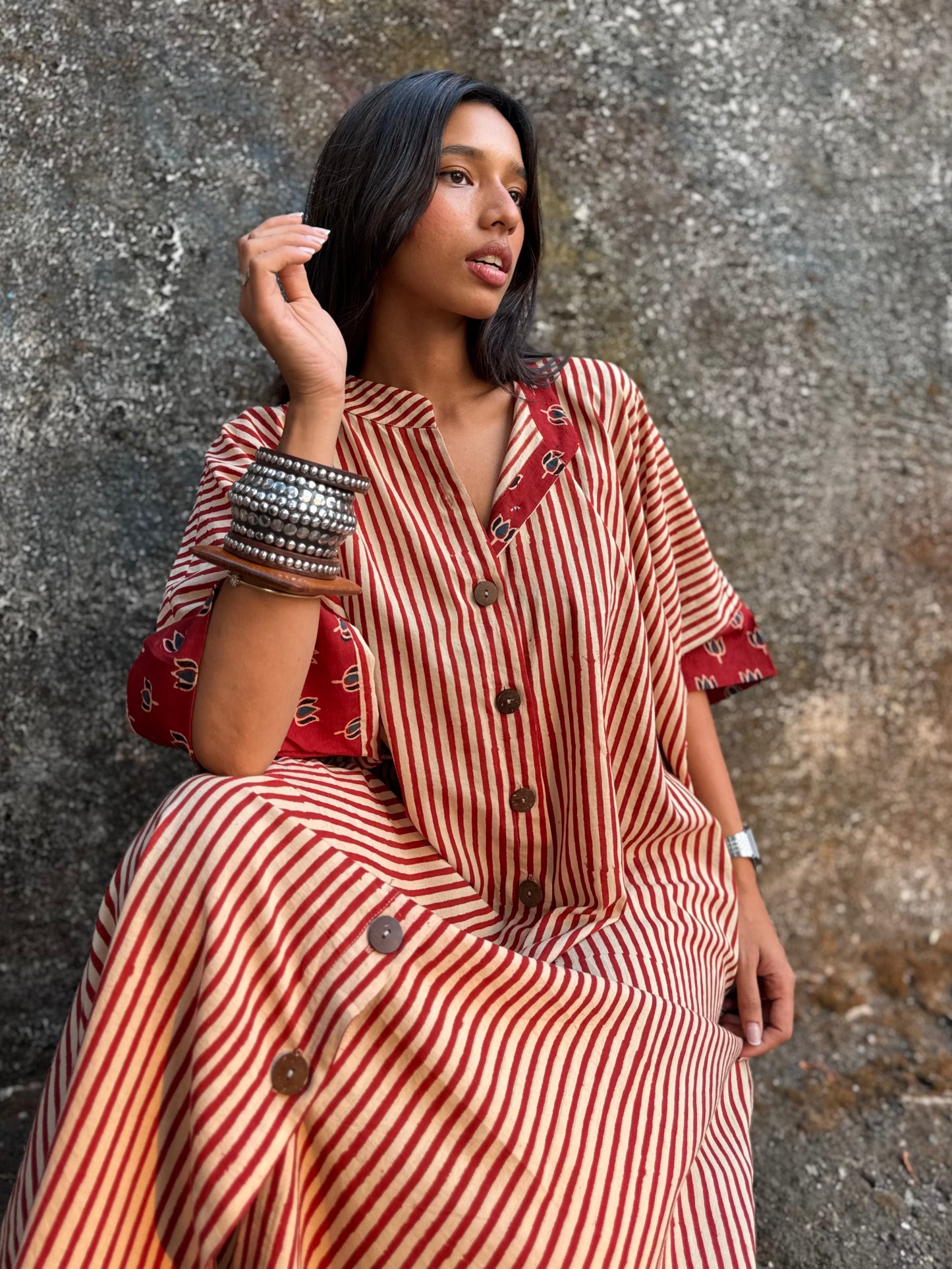 Cherry Striped Cotton Kaftan Dress