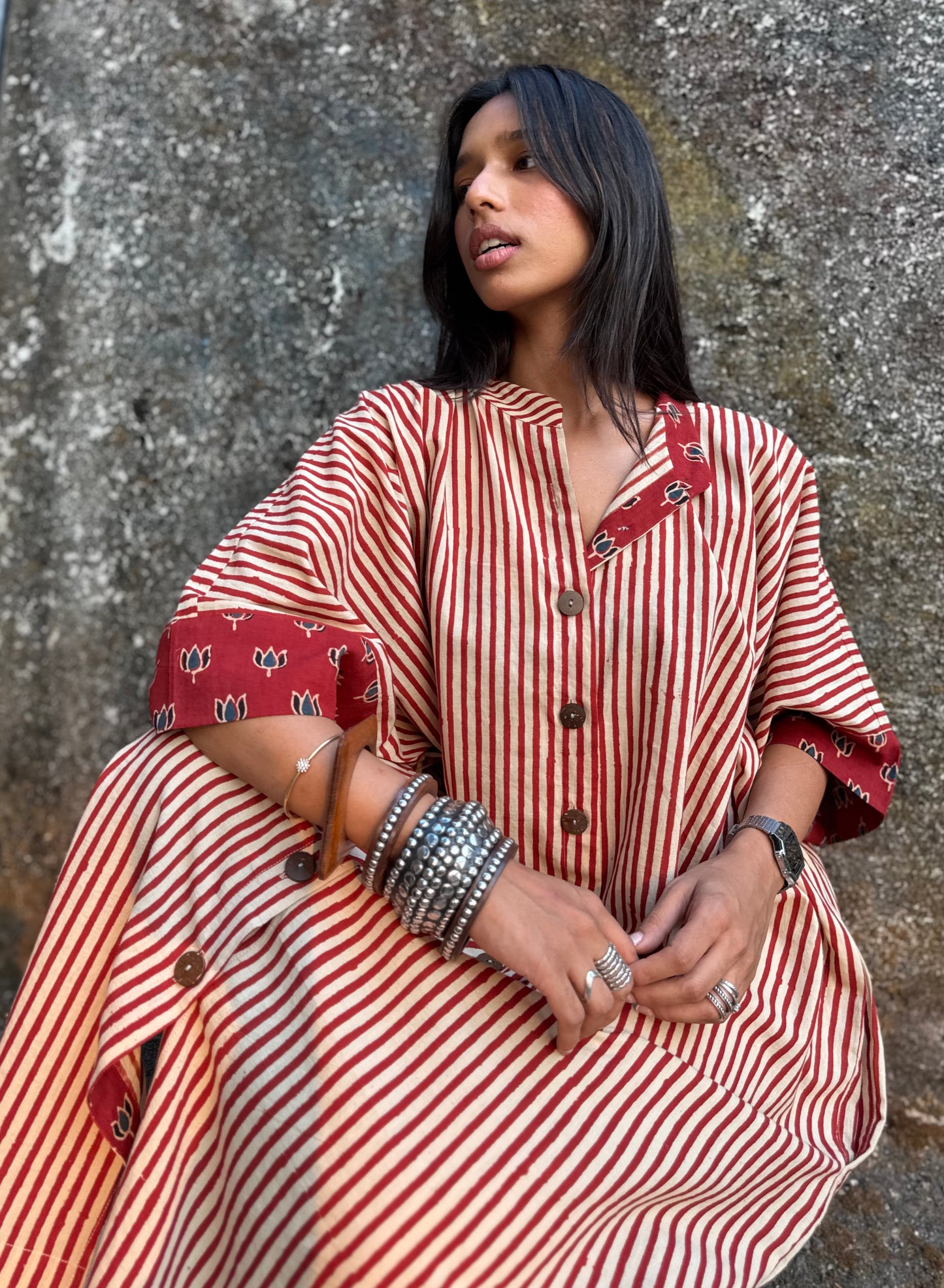 Cherry Striped Cotton Kaftan Dress