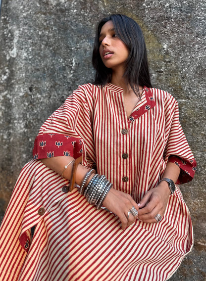 Cherry Striped Cotton Kaftan Dress