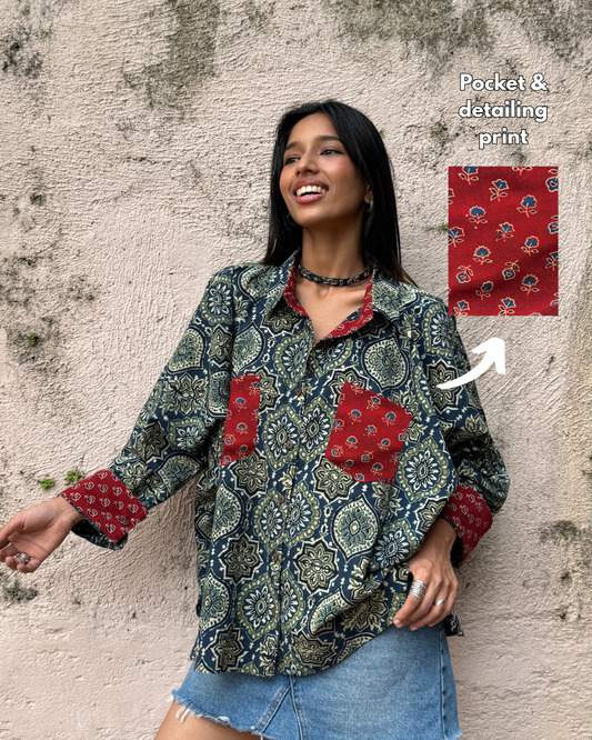 Teal Ajrakh Cotton Shirt